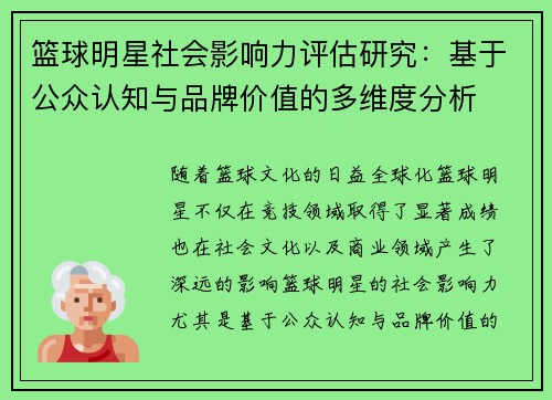 篮球明星社会影响力评估研究：基于公众认知与品牌价值的多维度分析