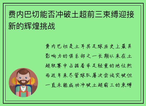 费内巴切能否冲破土超前三束缚迎接新的辉煌挑战